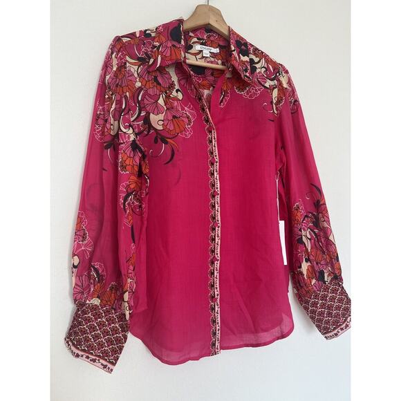 Chico's Pink Floral Blouse Sz M Long Sleeve Button Down Ruche Wrist Boho - Picture 8 of 13